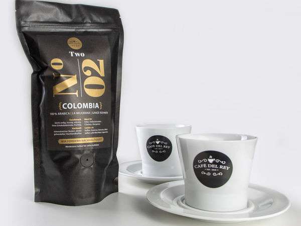 Valentinstagsspecial von Café del Rey 2021 mit 1 Packung Colombia und 2 Tassen inkl. Untersetzer